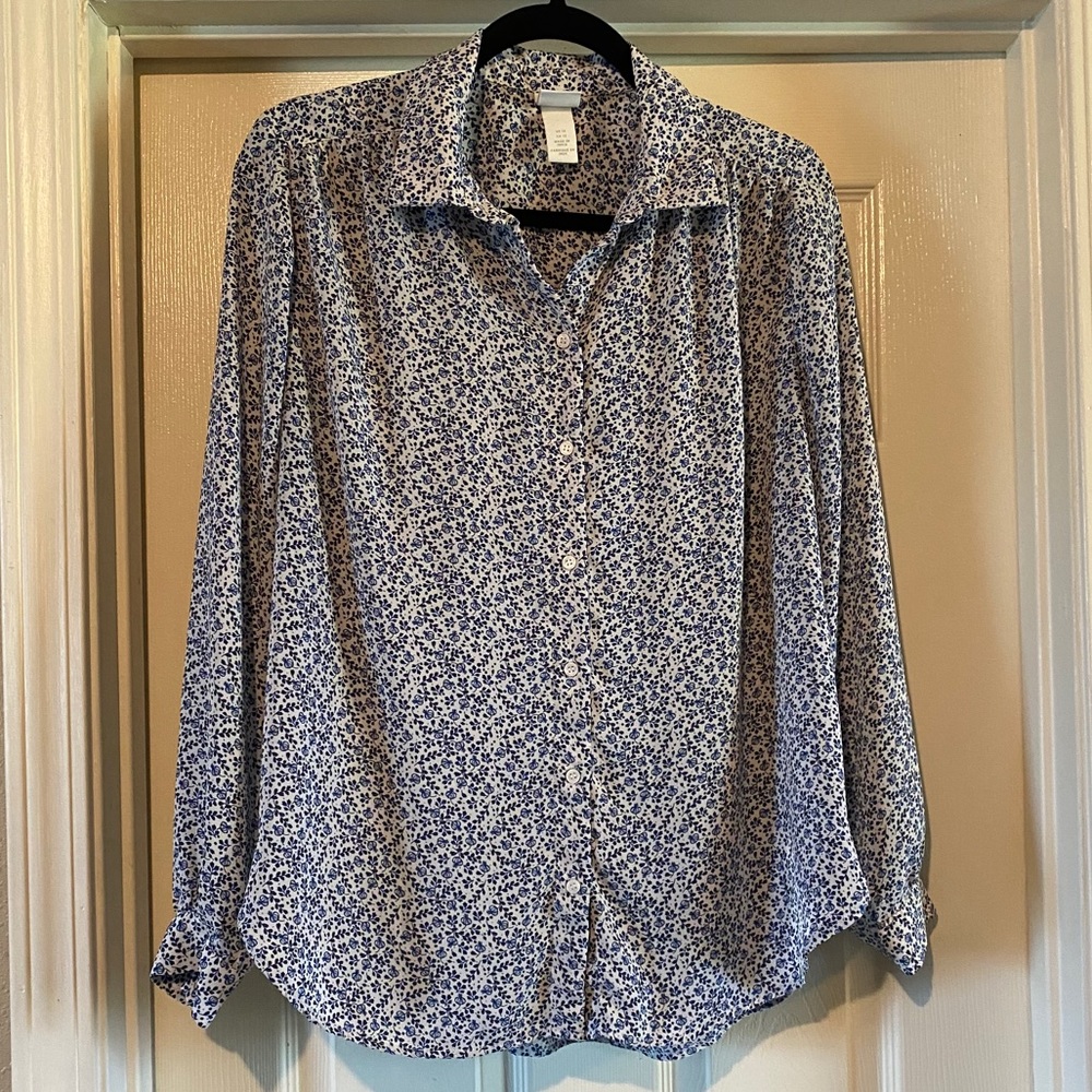 H&M Floral Button-Up Blouse, Blue/Cream
